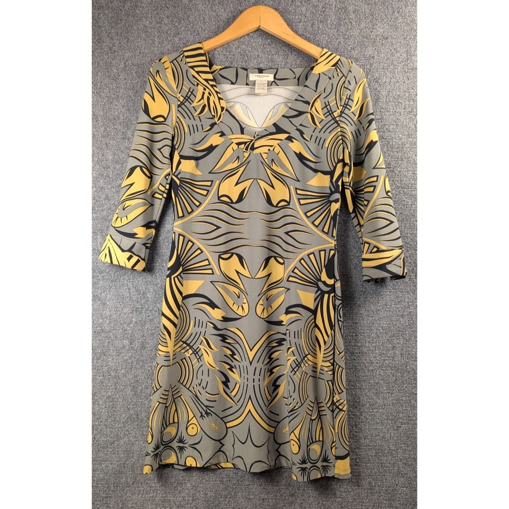 Vertigo Paris Women's Abstract Floral Print Stretch Tunic Dress Gray Yellow Size